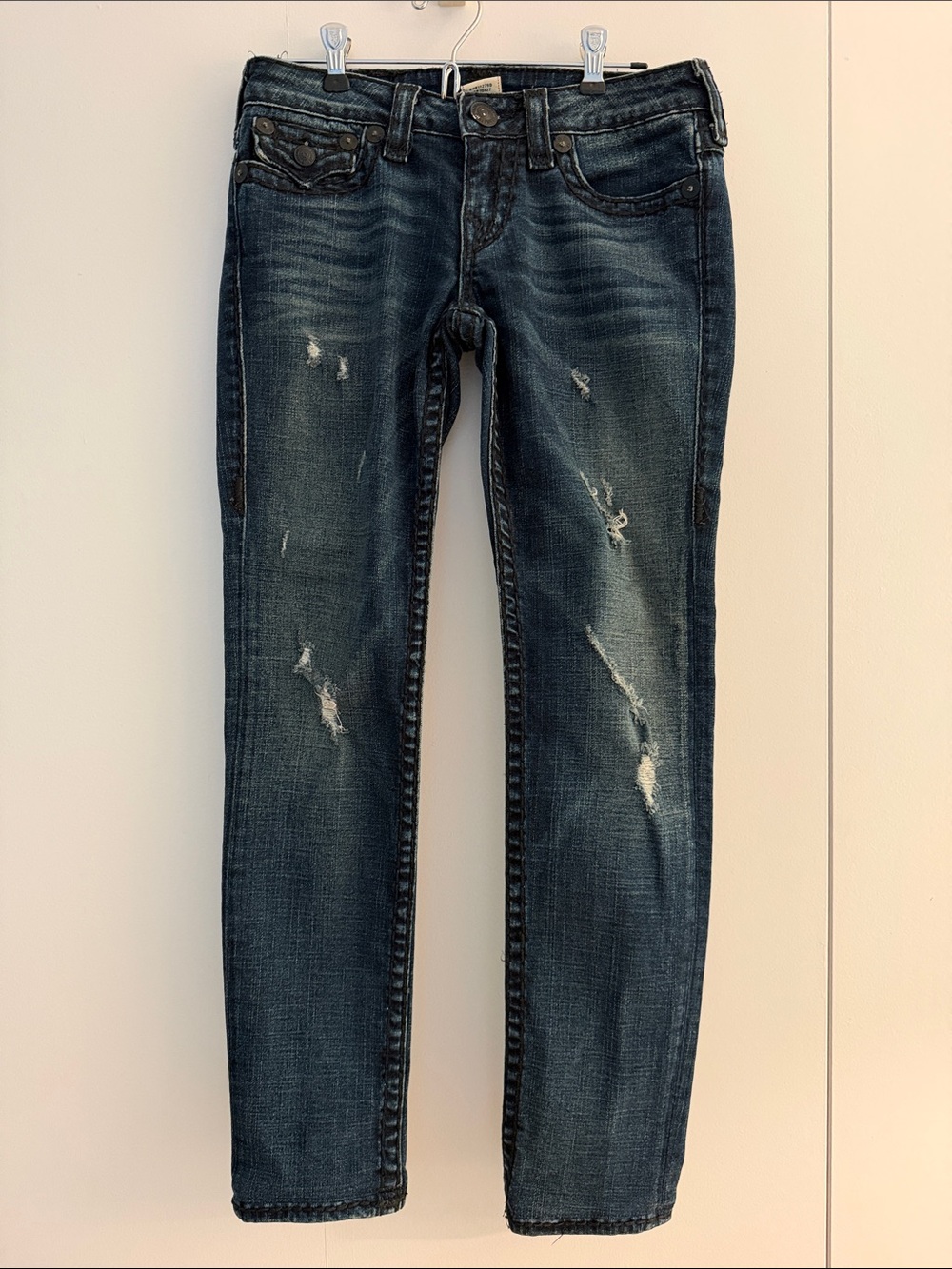 True Religion Women's Indigo Skinny Jeans with Distressed Accents